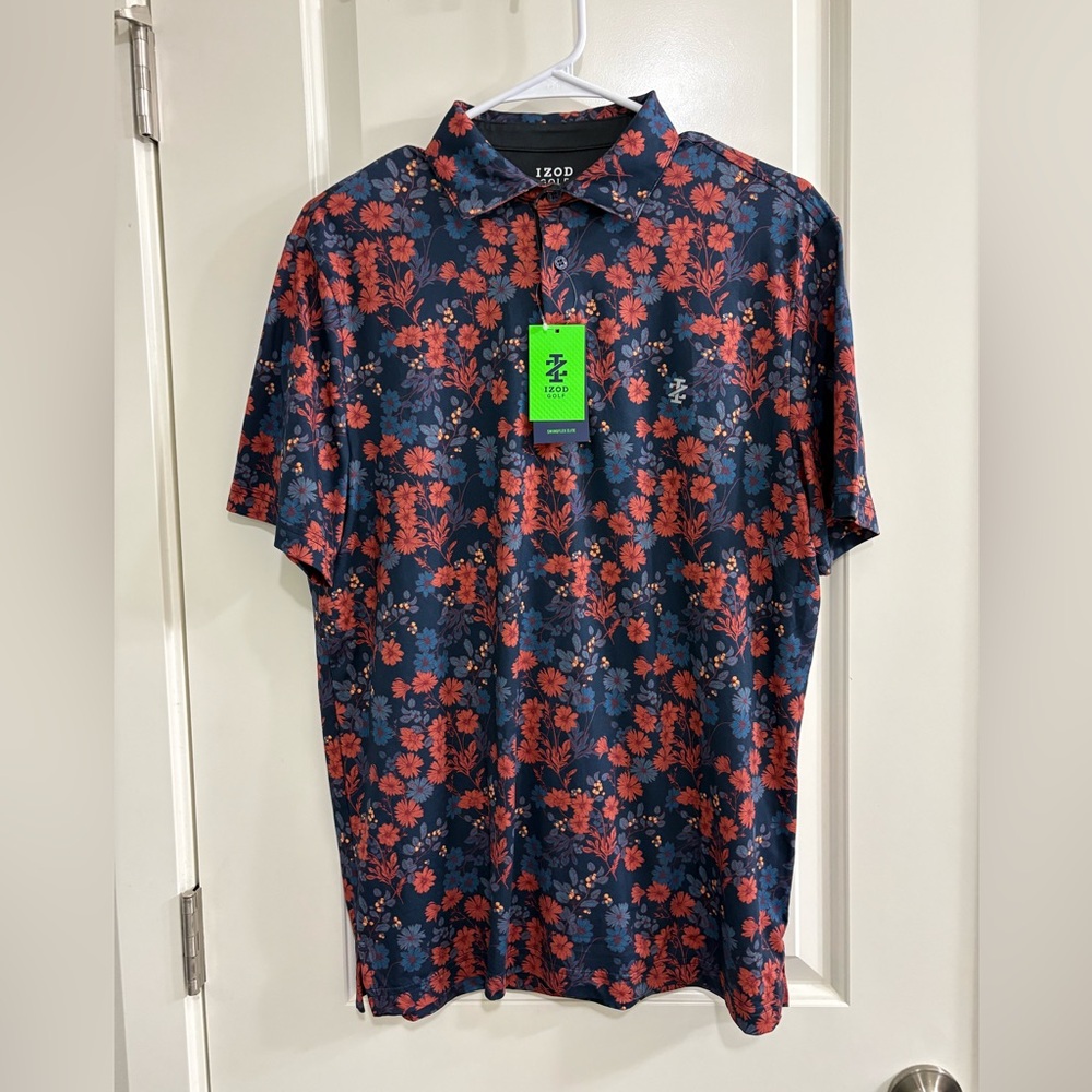 Izod Men's Navy and Red Floral Polo Shirt  NWT
